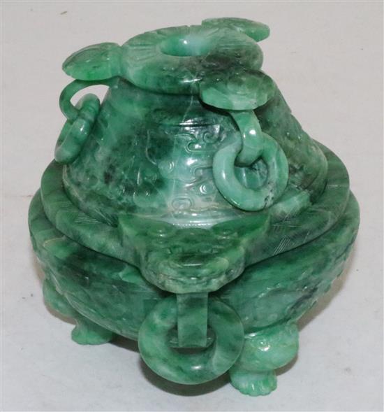 A good Chinese archaistic green jadeite censer and cover, Ding, 19th / 20th century, weight 1.6kg, width 16.7cm, height 13cm